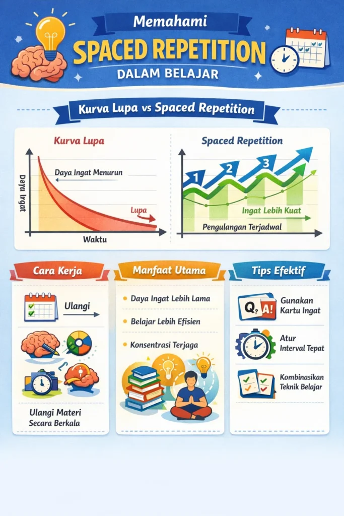 Infografis spaced repetition dan kurva lupa dalam strategi belajar efektif