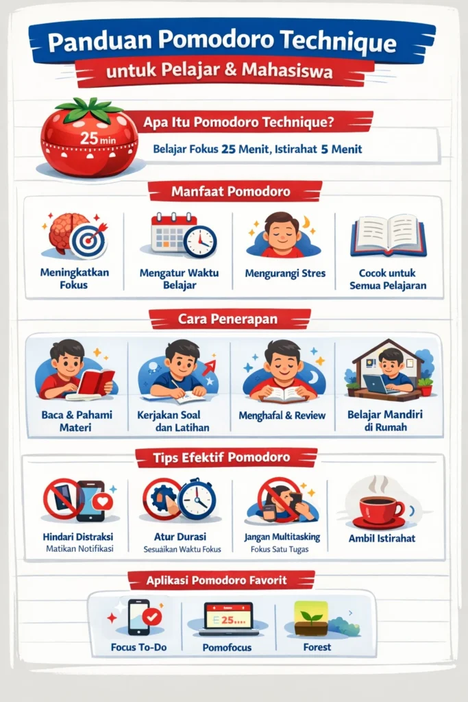 Infografik pomodoro technique untuk belajar fokus dan produktif