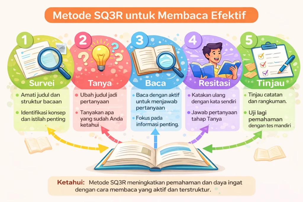 Metode SQ3R: Cara Membaca Efektif untuk Meningkatkan Pemahaman 2 Infografik metode SQ3R untuk membaca efektif yang menjelaskan tahapan Survei, Tanya, Baca, Resitasi, dan Tinjau